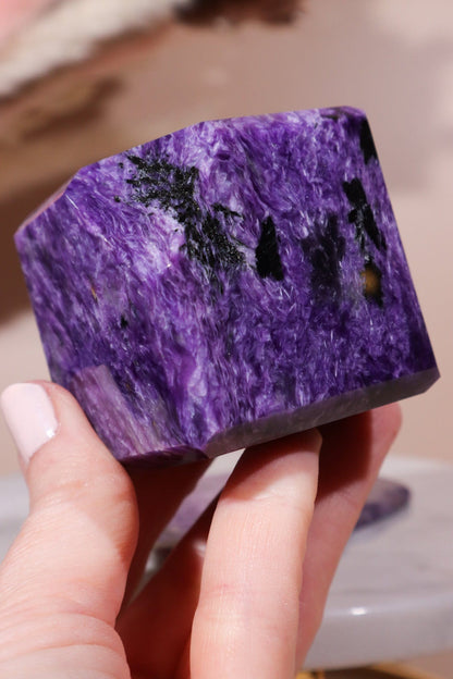 Charoite Cube on Slice Pair 7.5cm Polished Crystals Tali & Loz Crystals