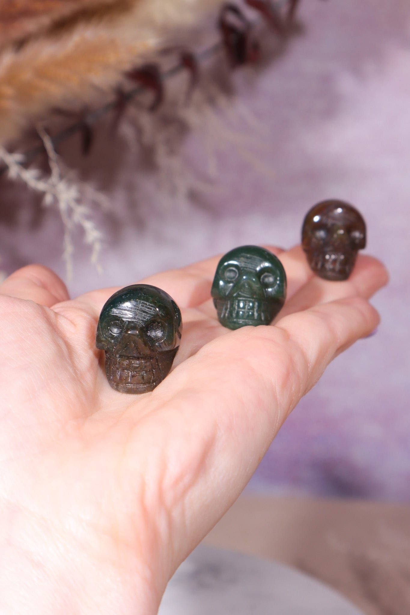 Moss Agate Skulls 2cm - Tali & Loz Crystals