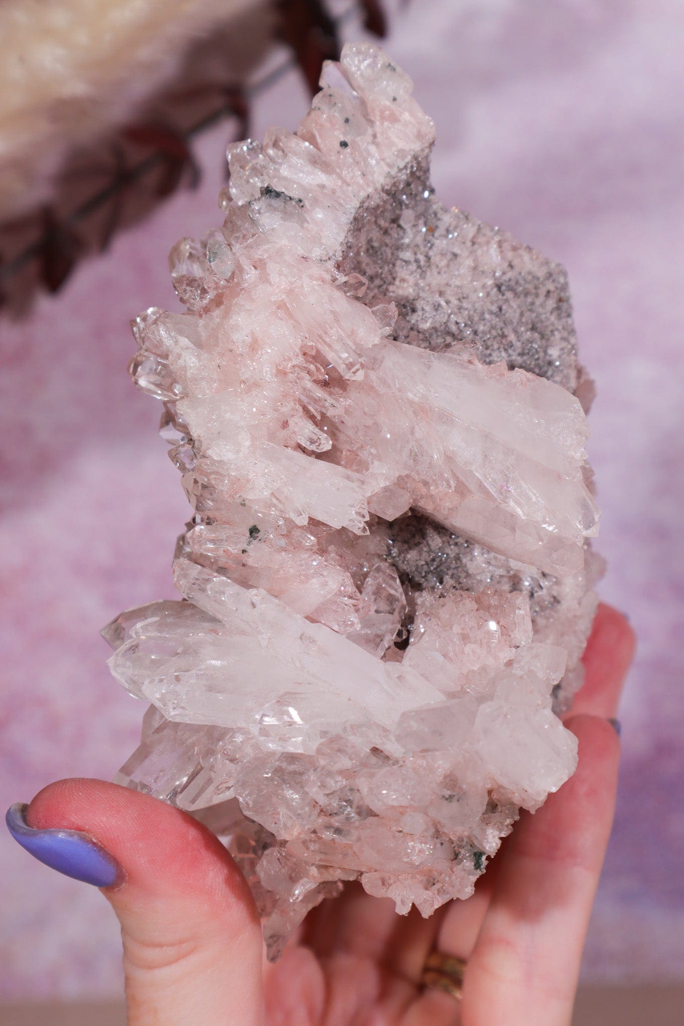 Pink Lemurian Cluster with Chlorite Inclusions 0.4kg Rocks & Fossils Tali & Loz Crystals